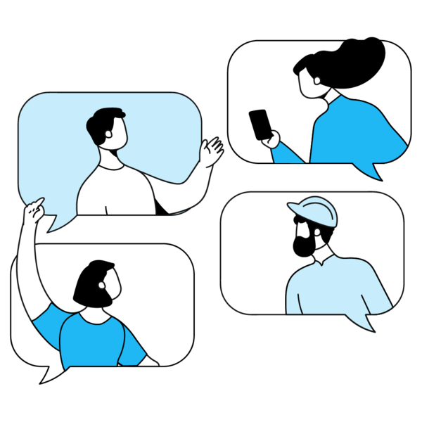 Illustration with people inside 4 speech bubbles talking and reaching between each other showing a connection even though they are separated 